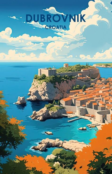 Croatia Illustration, Hd Posters, Wanderlust Decor, Paper Cutout Art, Travel Globe, Old Advertisements, Retro Travel Poster, Dubrovnik Croatia, Travel Illustration