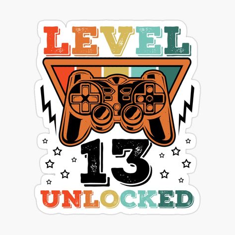 Get my art printed on awesome products. Support me at Redbubble #RBandME: https://www.redbubble.com/i/sticker/13th-Birthday-Leveling-Up-Gamer-by-PeachesMommy/100398381.JCQM3?asc=u Level 13 Unlocked Birthday Cake, Happy Level Up Day Birthday, Level 9 Unlocked Birthday, Level 8 Unlocked Birthday, Level 13 Unlocked, Gamer Birthday, 13 Birthday Cake, Leveling Up, Up Game