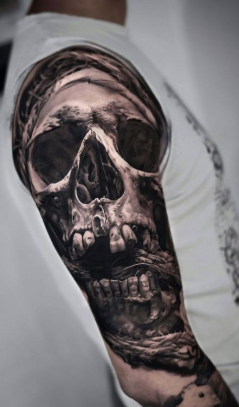 Masculine Skull Tattoo, Skull Tattoo Shoulder, Skull Tattoo Reference, Skull Shoulder Tattoo, Human Skull Tattoo, Realism Skull Tattoo, Mountain Sleeve Tattoo, Skull Drawing Tattoo, Evil Skull Tattoo