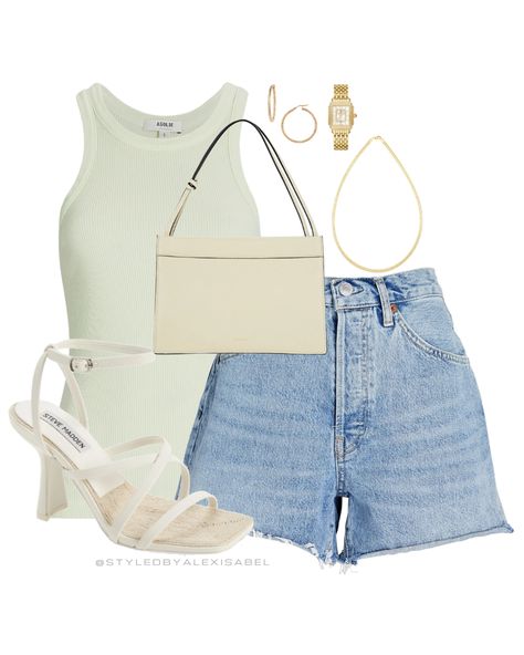 Sage Green Top, Jean Shorts Outfit, Jean Short Outfits, Summer Style Guide, Shorts Outfit, Blue Jean Shorts, Green Top, Summer Fashion Outfits, Polyvore Outfits