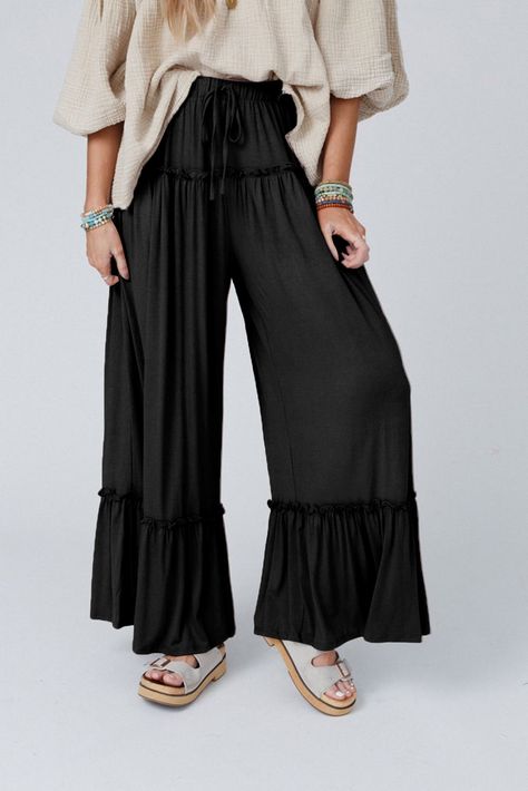 $8.87 Black Frilled Drawstring High Waist Wide Leg Pants Wholesale High Waist Wide Leg Pants, Black Wide Leg Pants, Dress Shoes Womens, Black Bottoms, Drawstring Pants, Fashion Outlet, Bottoms Pants, No Frills, Fashion Boutique