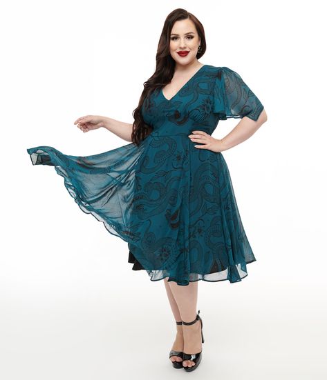 This stunning teal midi dress from Hell Bunny features a mesmerizing black snake and floral print that wraps around you like a spell, making every occasion feel special. The short flutter sleeves add just the right touch of whimsy, while the flattering v-neck highlights your fabulous neckline. Slip into this dress with ease thanks to the convenient back zipper!Available in sizes XS-4X while supplies last. Teal Midi Dress, Snake Venom, Black Snake, Feel Special, Unique Dresses, Teal Colors, Flutter Sleeves, Venom, Flutter Sleeve