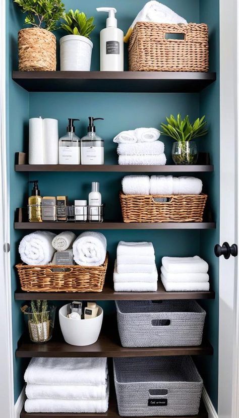 Shelves With Baskets For Storage Bathroom, Pegboard Bathroom Organization, Bathroom Organization Open Shelves, Functional Bathroom Shelves, Organizing Open Bathroom Shelves, Bathroom Open Storage Shelves, Bathroom Wicker Basket Ideas, Bathroom Shelf Organization Ideas, Styling Bathroom Shelves