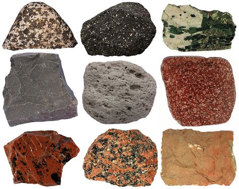 Igneous rocks: left to right: gabbro, andesite, pegmatite, basalt, pumice, porphyry, obsidian, granite, and tuff. Different Types Of Rocks, Types Of Rocks, Rock Identification, Igneous Rocks, Rock Tumbling, Rock Textures, Rock Types, Sedimentary Rocks, Metamorphic Rocks