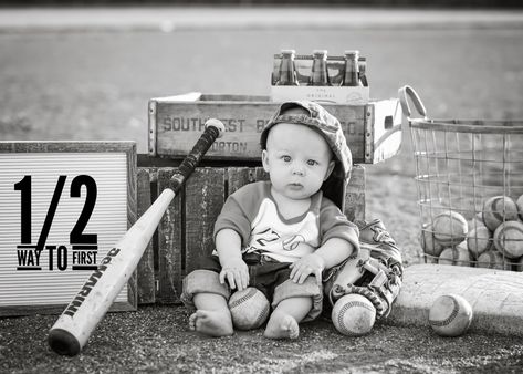 Baseball Half Birthday Pictures, Baseball Milestone Pictures, Halfway To First Photoshoot, Half Way To First Photo Shoot, Half Way To First Birthday Baseball, 6 Month Photo Ideas, Half Way To First, Baseball Photoshoot, Months Photoshoot