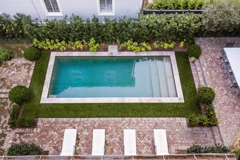 Brick Pool, Small Brick Patio, Grass Border, Contemporary Backyard, Charleston Gardens, Courtyard Pool, Freeform Pools, Raised Patio, Pool Remodel