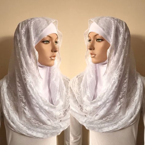 Charming lace scarf white color looks majestic and restrained simultaneously. Will be perfect for your elegant style.This stylish accessory is suitable for hijab complete with under scarf hat and also for going to church. Ideal for daily use and for especial days like engagement or wedding. We create unique hats for women, which will help you to quickly, easily create a unique image. Be beautiful in our stylish scarves! At some photos infinity scarf wear whith underscarf which completely closes White Lace Scarf, Wedding Dresses Hijab, Bride Hijab, Scarf Lace, Muslim Brides, Bridal Hijab, Hijab Wedding Dresses, Disney Wedding Dresses, Modern Hijab