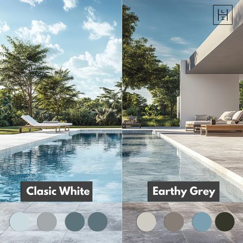 What's Your Pool Color? ⬇️ Choosing the perfect pool surface color can transform your backyard oasis. Here’s a breakdown of two popular options: 1️⃣ Classic White: For a bright and refreshing look, white pool surfaces are a top choice. They reflect the sky’s brilliance, creating a stunning Caribbean blue water illusion. 2️⃣ Earthy Gray: Embrace a natural aesthetic with a gray pool surface. The water takes on a more muted tone, resembling a tranquil lake or a hidden grotto. Share ... White Pool, Learn Interior Design, Pool Colors, Natural Aesthetic, Caribbean Blue, Backyard Oasis, Pool Designs, Backyard Pool, Blue Water