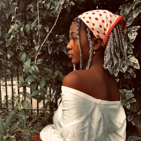 grey braids, bandana, cardigan, black girl, aesthetic Braids With Bandana, Marian Aesthetic, Braids Bandana, Bandana Braids, Grey Braids, Dreads Black Women, Oc Creation, Twists Locs, Black Cottagecore