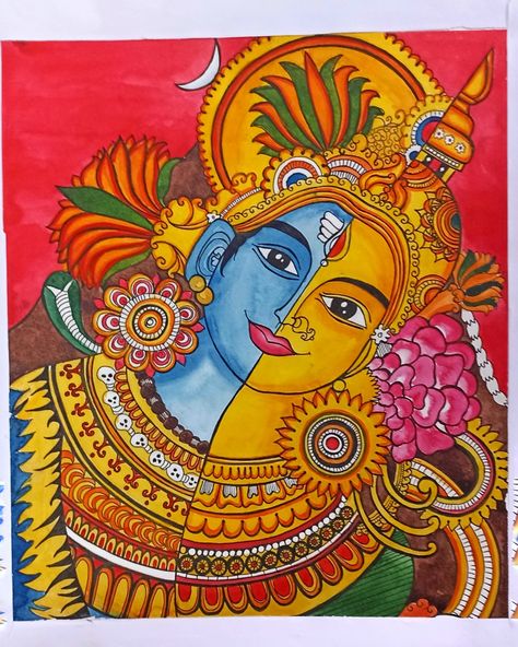 Mahadev and mata parvati as ardhnaarishwer in Kerala mural style Ardhnarishwar Sketch, Holiday Lunch, Traditional Folk Art, Faber Castell Polychromos, Kerala Mural Painting, Observational Drawing, Sketchbook Pages, Illustrators On Instagram, Mural Painting