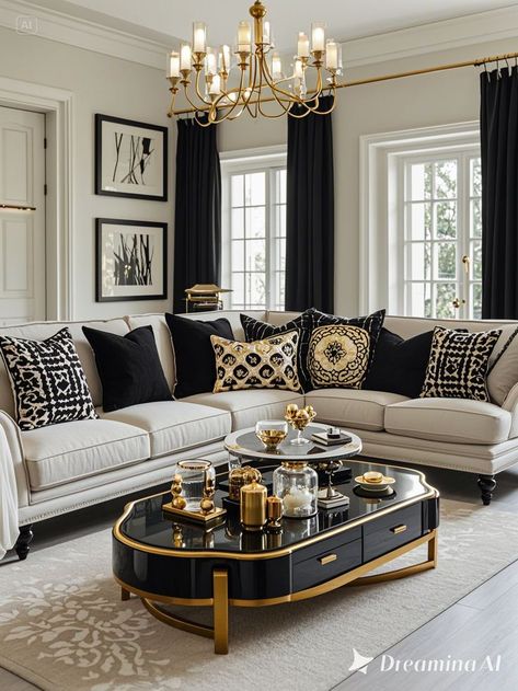 Black White And Gold Living Room, Gold Living Room Table, Gold Black Living Room, Black White Gold Living Room, White And Gold Living Room, Gold Accents Living Room, Interior Design Timeless, Black And Gold Living Room, Living Room Table Decor