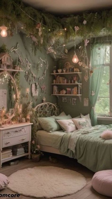 Garden Fairy Room Decor, Fairy Decor Aesthetic, Cottage Core Room Inspo Aesthetic, Cute Cottage Core Room Ideas, Pastel Fairycore Room, Green Fairy Room, Fairy Core Bedroom Decor, Fairycore House Interior, Fantasycore Room