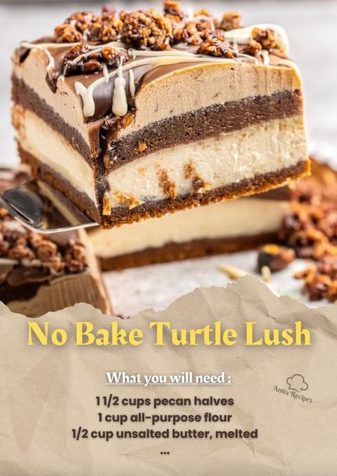 Anita Recipes | 🧡🤎 No Bake Turtle Lush | Facebook Turtle Lush, Recipes No Bake, Family Desserts, Bake Dessert, Icebox Cake, Ice Box, Party Desserts, No Bake Desserts, Unsalted Butter