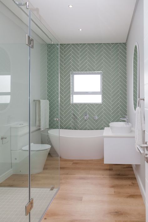 Modern small bathroom Small bathroom ideas || bathroom decorating ideas Mint Tiles Bathroom, Mint Green Tiles In Bathroom, Feature Wall Shower Tiles, Sage Herringbone Tile Bathroom, Floor To Ceiling Tiles Bathroom, Green Herringbone Bathroom, Bathroom With Vinyl Flooring, Green Tile Feature Wall Bathroom, Oak Floor Bathroom Ideas