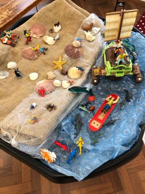 an under the sea tuff tray made of hessian (sand) 2 colours of bubble wrap (water), and some shells Sea Tuff Tray, Under The Sea Tuff Tray, Curiosity Approach, Tuff Tray, Lesson Planner, Preschool Ideas, Early Childhood, Under The Sea, Bubble Wrap