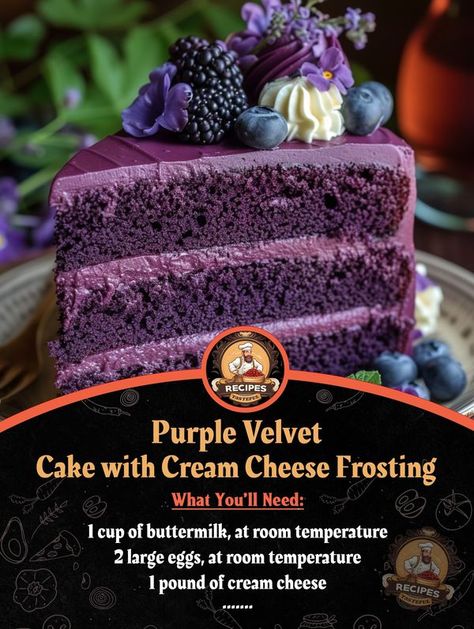 Blue Velvet Cake Recipe Easy, Purple Velvet Cake With Cream Cheese Icing, Purple Velvet Cupcakes, Purple Velvet Cake, Purple Velvet Cakes, Tasteful Recipes, Vintage Velvet Couch Purple, Velvet Cheesecake, Velvet Cake Recipes