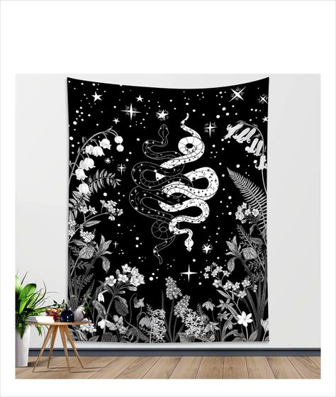 LB TAPESTRY Botanical Tapestries Flowers Black Tapestry Bedroom, Snake Tapestry, Witchy Wall Tapestry, Dark Tapestry, Black And White Snake, Tarot Card Tapestry Bedroom, The Lovers Tarot Tapestry, Tapestry Ideas, Botanical Plants