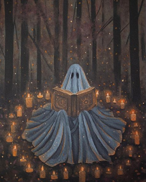 Halloween Art Ideas, Helloween Wallpaper, Ghost Reading, Arte Peculiar, Halloween Painting, Art Halloween, A Ghost, Fall Wallpaper, Halloween Wallpaper