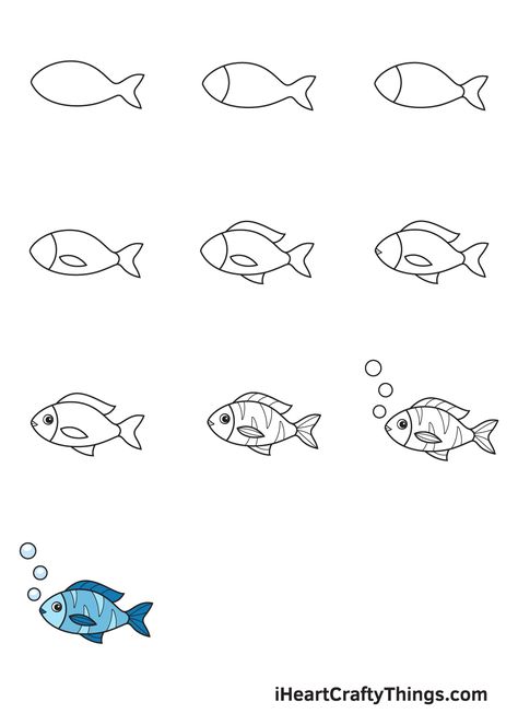 Fish Drawings Step By Step, Simple Sea Creature Drawings, Drawing Underwater, Easy Fish Drawing, Draw A Fish, Trin For Trin Tegning, Sea Creatures Drawing, Drawing Fish, Draw Tutorial