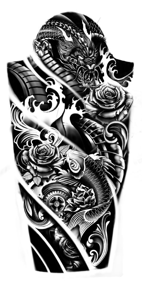 Koi Tattoo Sleeve Forearm, Dragon Koi Tattoo Design, Koi Dragon Tattoo, Tato Setengah Lengan, Koi Tattoo Sleeve, Warrior Tattoo Sleeve, Tattoo Homme, Tato Ikan Koi, Mangas Tattoo