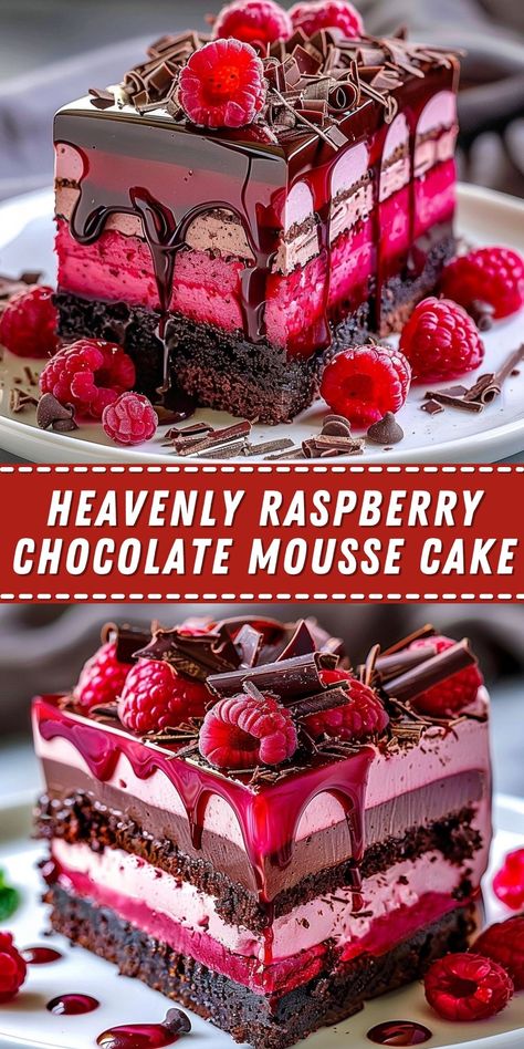 Milk Chocolate Mousse Cake, The Best Chocolate Desserts, Chocolate Moose Cake Recipe Mousse, Chocolate Raspberry Mousse Cake Recipe, Layered Mousse Desserts, Layered Chocolate Dessert, Chocolate And Raspberry Desserts, Dark Chocolate Raspberry Cake, Raspberry Mousse Cake Filling