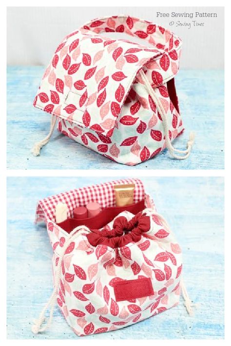 Fabric Drawstring Makeup Pouch Free Sewing Pattern + Video | Fabric Art DIY Diy Pouch Tutorial, Personalized Backpack Kids, Diy Travel Bag, Pouch Diy, Pouch Sewing, Sewing Bags, Free Sewing Pattern, Diy Handbag, Diy Travel