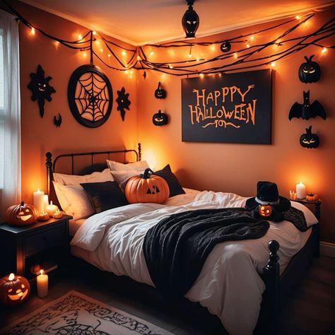 200+ Everlasting Halloween Yard Decoration Ideas | Decorating Outside for Halloween Bedroom Halloween Decor Ideas, Cute Halloween Bedroom Ideas, Spooky Room Ideas, Halloween Decorated Room, Halloween Theme Room, Halloween Room Ideas Bedrooms, Halloween Aesthetic Room, Autumnal Bedroom, Cozy Halloween Bedroom