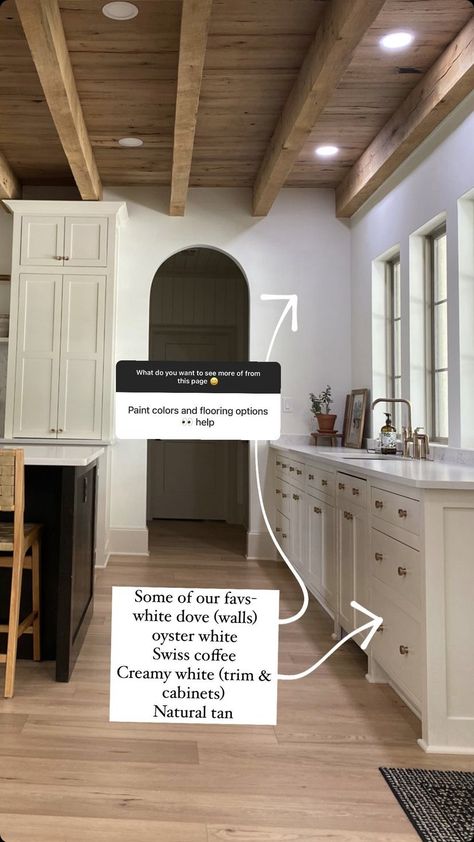 Cased Opening Into Kitchen, Traditional To Modern Makeover, White Trim Vs Painted Trim, Contrast Trim Kitchen, Drop Cloth Paint Color, White Walls Cream Cabinets, Swiss Coffee Cabinets Kitchen, Bm Pale Oak Cabinets, Modern Organic Paint Colors