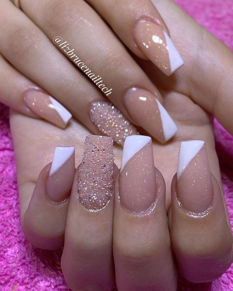 Pixie Crystal Nail Designs, Nails With Pixie Crystals, Pixie Crystal Nails, Gold Acrylic Nails, Stiletto Nail Art, Simple Acrylic, Gel Nail Art Designs, Nude Nail, Nude Nail Designs