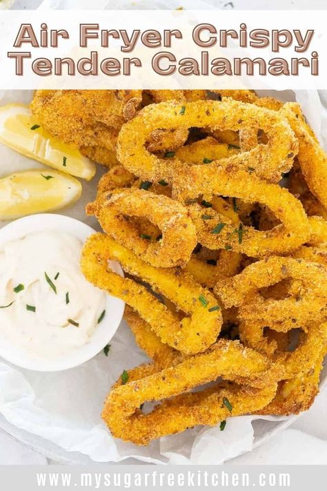 This Air Fryer Calamari is light and crispy, made with less oil and not greasy at all. Made with fresh or frozen calamari its coated in breadcrumbs with a dusting of salt and pepper. Frozen Calamari In Air Fryer, Airfryer Calamari Recipes, Air Fryer Calamari Rings, Calamari Recipes Air Fryer, Frozen Calamari Recipes, Calamari Steak Recipe Air Fryer, Air Fryer Calamari Recipe, Air Fryer Squid, Airfryer Calamari