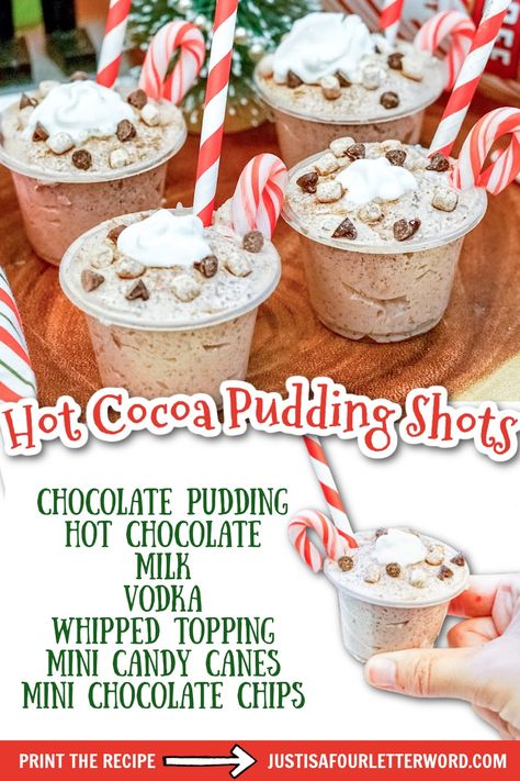 Hot Chocolate Pudding Shots, Whipped Cream Vodka Recipes, Hot Chocolate Pudding, Holiday Pudding, Chocolate Pudding Shots, Pudding Whipped Cream, Peppermint Vodka, Whipped Vodka, Chocolate Shots