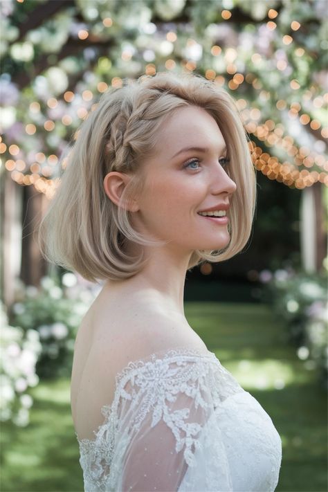 Elevate your wedding day style with a chic bob, a stunning choice for short hairstyle women. This elegant look features soft waves and face-framing layers that create a romantic vibe. Pair it with subtle curtain bangs for added sophistication or adorn it with delicate hair accessories for that bridal touch. Effortlessly capturing the essence of love and beauty, this hairstyle guarantees to turn heads and make you shine on your special day. #shorthairstylewomen Bob Hair Bride, Short Bridal Hair With Veil, Short Hair Bridal Styles, Subtle Curtain Bangs, Short Hair Bridal, Style For Short Hair, Bride Hairstyles With Veil, Dark Romantic Wedding, Short Bridal Hair