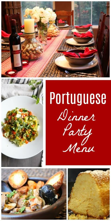 Portuguese Dinner Party Menu from RecipeGirl.com #portuguese #dinner #party #entertaining #menu #RecipeGirl via @recipegirl Fancy Fundraiser Ideas, International Menu Ideas, Country Themed Dinner Party, Portuguese Party Theme, International Dinner Party Ideas, Portuguese Dinner Party, Portuguese Salads, Dinner Club Themes, Portuguese Recipes Dinner