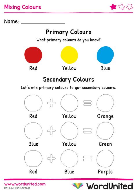 Differentiated for all abilities, children can see what happens when they mix primary colours to make secondary colours and build fine-motor skills painting circles in. Includes answer sheet. Supports the following area of learning within Key Stage 1: Expressive Arts & Design.  #art #colour #mix #design #free #printable #activity #worksheet Mixing Colours Worksheet, Key Stage 1 Worksheets, Primary Secondary Colors Activity, Primary Colours Activity, Color Mixing Worksheet Free Printables, Primary And Secondary Colors Activities, Primary And Secondary Colors Worksheet, Primary And Secondary Colours Art Ideas, Primary Color Activities For Preschool