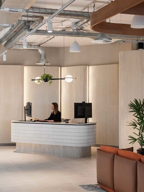 Woods Bagot designs ABN Group's Perth office | IndesignLive Reception Area Design, Woods Bagot, Modular Bathrooms, Office Lobby, Reception Counter, Office Reception, Counter Design, Reception Design, Reception Area