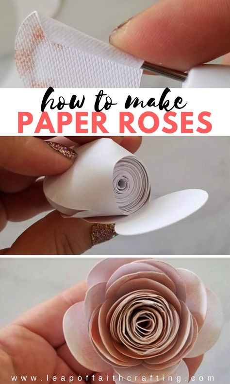 Cricut Paper Flowers: Step by Step Tutorial on How to Make a Cricut Rose - Leap of Faith Crafting Cricut Paper Flowers, Make Paper Roses, Rolled Paper Flowers, Make Paper Flowers, Diy Tumblr, Easy Paper Flowers, Flower Shadow Box, Flowers Tutorial, Paper Flower Template