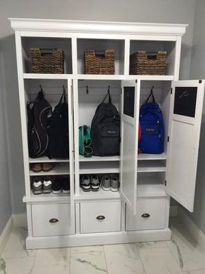 Open View of Shelton Closed Locker Storage Cabinet Mudroom Lockers With Doors, Lockers With Doors, Diy Mudroom Lockers, Bookbag Storage, House Mudroom, Garage Lockers, School Bag Storage, Pool House Bathroom, Mudroom Storage