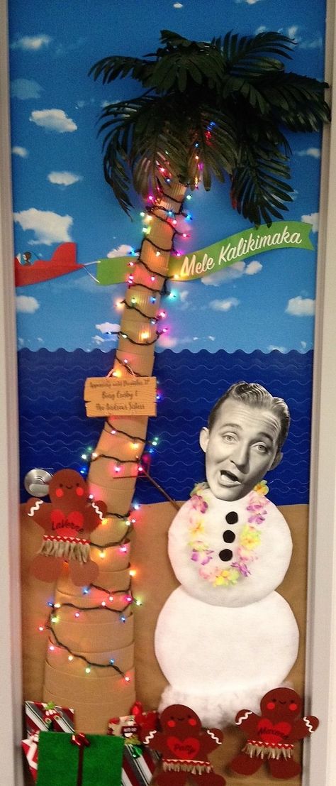 My entry for our Christmas office door decorating contest. Bing Crosby and the Andrews Sisters. Mele Kalikimaka is Hawaii's way to say Merry Christmas to you. Mele Kalikimaka Door Decorations, Hawaiian Christmas Door Decoration, Beach Christmas Door Decorating Contest, Mele Kalikimaka Christmas Decorations, Bleacher Decorations, Deck The Doors Christmas Contest, Mele Kalikimaka Christmas Party, Door Decorating Contest Christmas Office, Christmas Office Door Decorating Contest