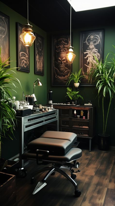 Eclectic Tattoo Shop, Tattoo Shop Ideas Studios, Tattoo Room Studio Decor, Green Nail Salon Interior Design, Tattoo Shop Decor Ideas, Modern Tattoo Shop Interior, Tattoo Booth Ideas, Goth Salon, Tattoo Studio Decoration Ideas