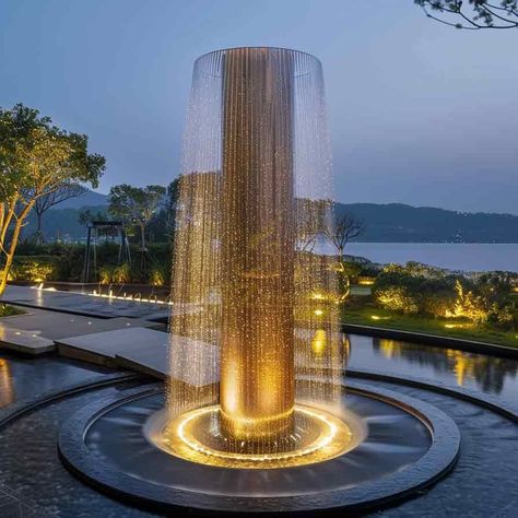 cylindrical fountain,water curtain fountain,fountain sculpture,metal fountain,outdoor metal fountain,large metal outdoor fountain,large outdoor fountain,large fountain,outdoor fountain sculpture,outdoor fountain Water Fountain Architecture, Hotel Fountain Design, Marble Pool, Sculpture Water, Water Fountain Statue, Futuristic Fountain, Fountain Sculpture, Fountain Led Lights, Outdoor Waterfall Fountain