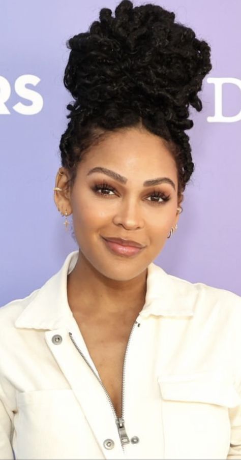 Meagan Good Faux Locs, Meagan Good Locs, Megan Good Braids, Megan Good Faux Locs, Megan Goode, Knot Braids, Meghan Good, Bridesmaid Ponytail, Curled Prom Hair