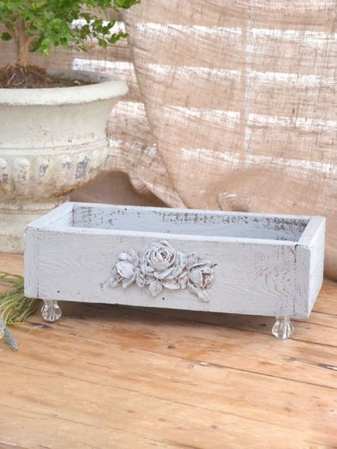 Shabby Charming Blue Grey Wooden Box. Love the crystal feet, could use a drawer from an old chest to do this :) Commode Shabby Chic, Furniture Makeover Ideas, Diy Shabby Chic Furniture, Baños Shabby Chic, Drawers Repurposed, Diy Shabby Chic, Cocina Shabby Chic, Shabby Chic Decorating, Sewing Machine Drawers