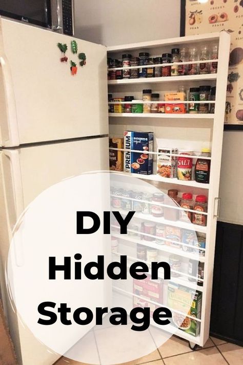 Give that space between your fridge and the wall a whole new purpose with this great storage cabinet hack. DIY hidden storage for your canned food! If you're short on space, it pulls out for easy access to whatever you need to store. diy | woodworking | storage cabinet | storage ideas, urban living, woodworking projects, Pulls out for easy access to canned goods etc Storage Cabinet Hack, Cabinet Hack, Diy Hidden Storage, Food Storage Cabinet, Diy Pantry Organization, Faux Brick Panels, Canned Food Storage, Diy Rangement, Diy Hanging Shelves