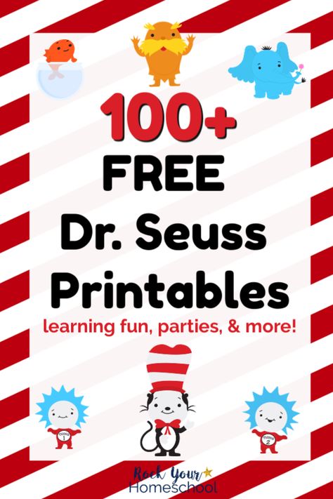 Over 100+ FREE Dr. Seuss printables & activities to enjoy with your kids! Includes free printables for parties, preschool, elementary, & older kids plus so much more for classroom, family, & homeschool fun. #freedrseussprintables #freedrseuss #drseussprintables #drseussactivities #freedrseussactivities #drseussparty #drseussparties Dr Seuss Classroom Theme, Dr Seuss Printables, Dr Seuss Preschool Activities, Preschool Dr Seuss, Dr Suess Week, Classroom Family, Dr Seuss Preschool, Dr Seuss Classroom, Dr Seuss Activities