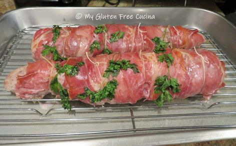 Prosciutto Wrapped Pork Tenderloin – My Gluten Free Cucina Prosciutto Wrapped Pork Tenderloin, Wrapped Pork Tenderloin, Easy Pork Tenderloin, Pork Wraps, Prosciutto Wrapped, Tenderloin Roast, Meal Inspiration, Stuffed Pork, Romantic Dinner For Two