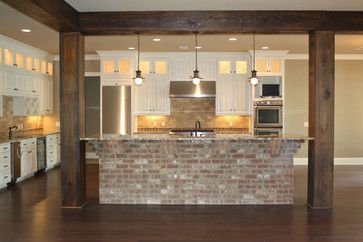 Gorgeous Gourmet Kitchen traditional-kitchen Kitchen Island With Columns Posts, Kitchen Island Ideas With Columns, Brick Island, Kitchen Island With Columns, Kitchen Columns, Kitchen Renos, Kitchen Layouts With Island, House Renos, Brick Backsplash