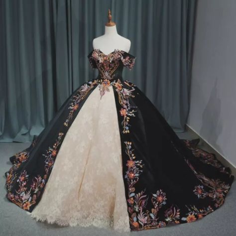 Gothic Quinceanera Dresses Embroidery Off Shoulder Floral Sweet 15 16 Ball Gowns | eBay Gothic Quinceanera, Mariachi Quinceanera Dress, Evening Dress Sewing Patterns, Princess Dress Fairytale, Black Quinceanera Dresses, Quinceanera Themes Dresses, Mexican Quinceanera Dresses, Quince Dresses Mexican, Quinceñera Dresses