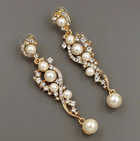 PAIR Wedding Gold Vine Pearl Rhinestone Crystal Earrings - Etsy Plugs For Wedding, Long Teardrop Earrings, Dangle Gauges, Pageant Jewelry, Stretched Ear, Unique Dangle Earrings, Pageant Earrings, Wedding Gold, Tunnels And Plugs