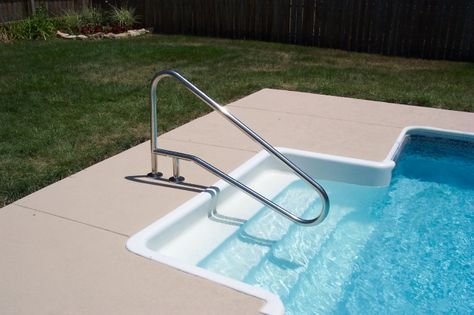 Cheap Inground Pool, Pool Steps Inground, Pool Ladders, Iron Railings Outdoor, Pool Rails, Pools Ideas, In Ground Pool, Pool Kits, Pool Ladder