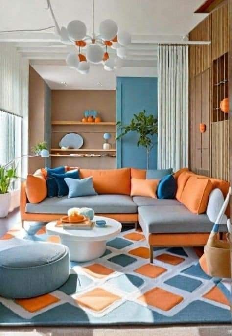 Amazing style combined color orange grey's living room inspiration ideas #cozyhome#livingroom Colored Living Room, Blue Curtains Living Room, Living Room Inspiration Grey, Turquoise Room, Blue Couch, Orange Rooms, Large Sectional, Living Room Furniture Arrangement, Living Room Orange